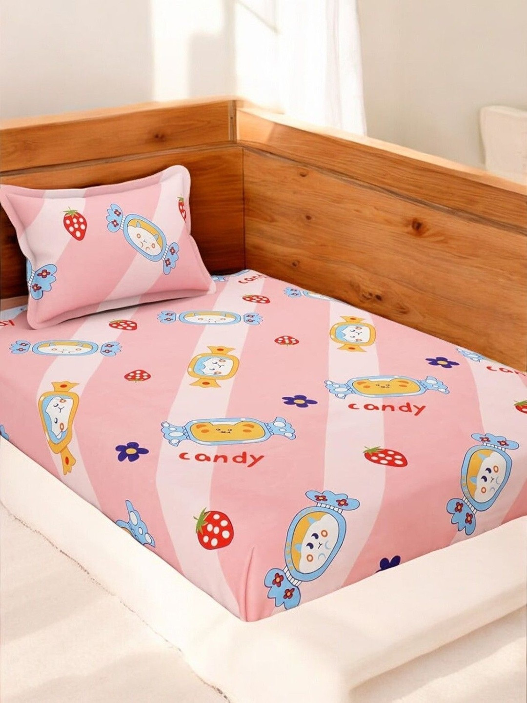 WELLNEST Pink & Blue Conversational Single Bedsheet with 1 Pillow Covers