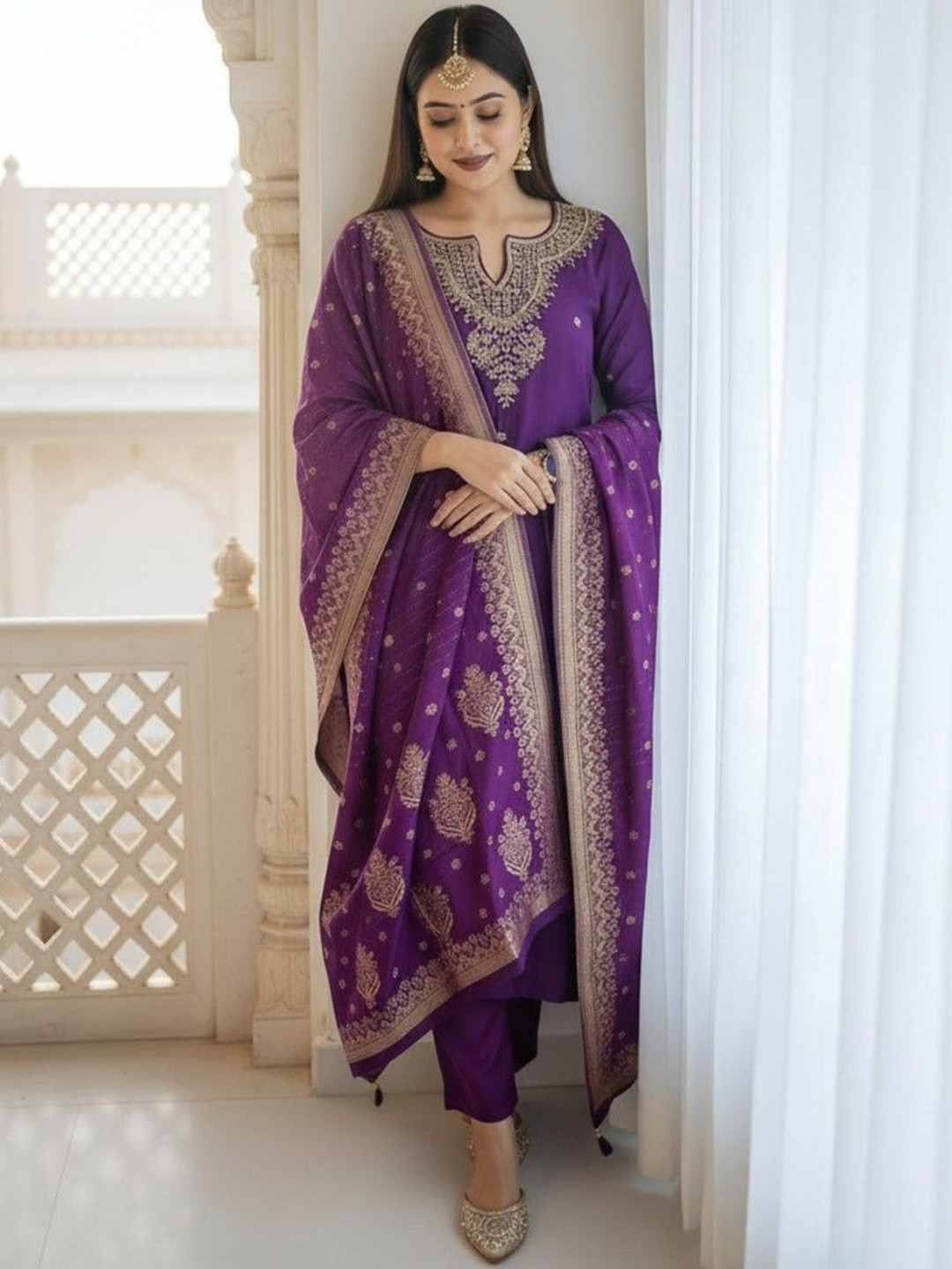 FAST FASHIONS Ethnic Motifs Embroidered Round Neck Straight Kurta With Trouser & Dupatta