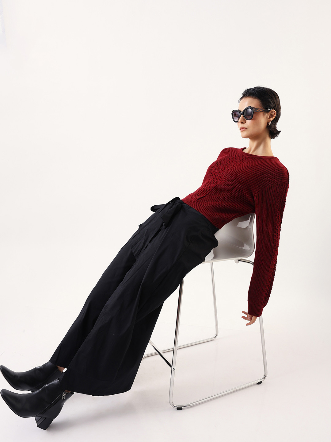 DL Woman Women Cable Knit Round Neck Full Sleeves Crochet Pullover Sweater