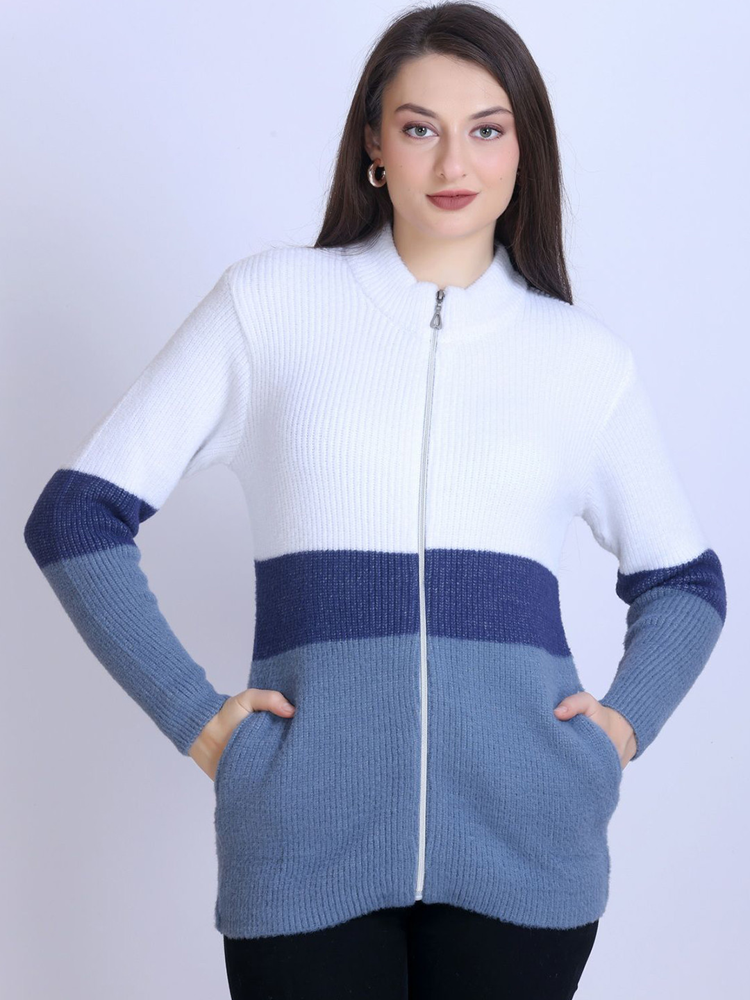 Winter Wonders Women Striped Mock Collar Woollen Long Coat Style Cardigan