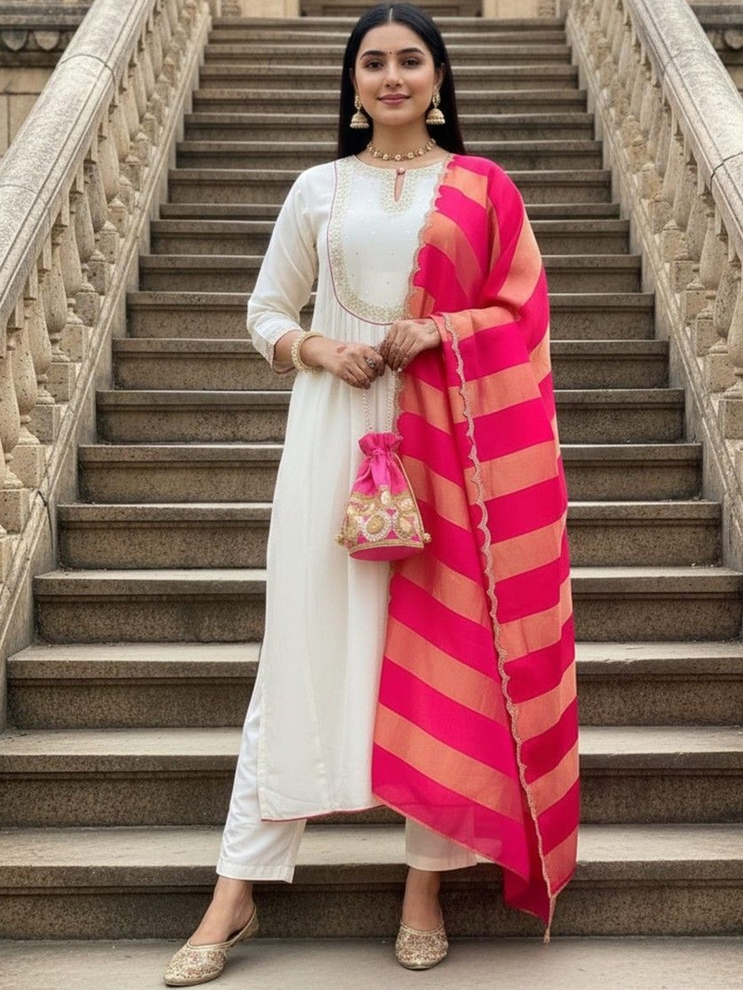 FAST FASHIONS Women Woven Design Embroidered Kurta with Trouser & Dupatta