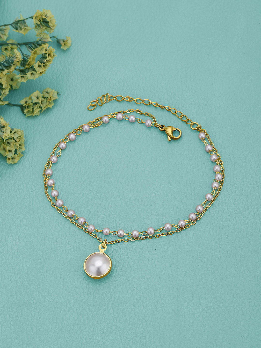 Gold Plated Pearl Double Chain Wraparound Bracelet