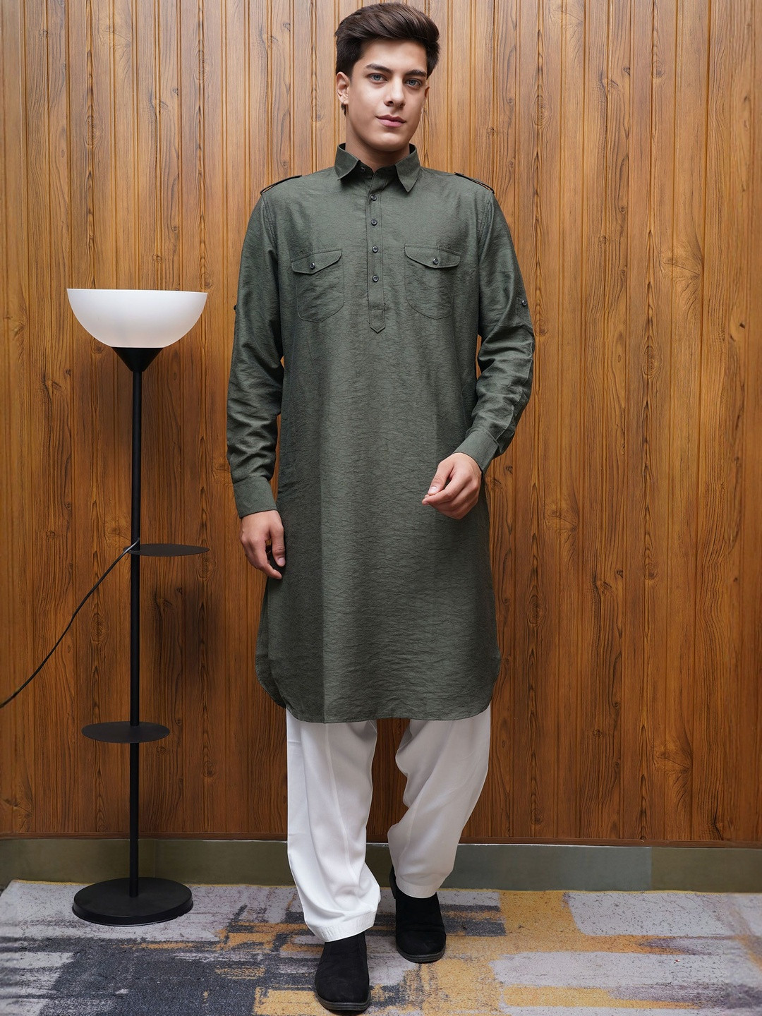 BETTINO Men Abstract Self Design Shirt Collar Pathani Kurta with Salwar