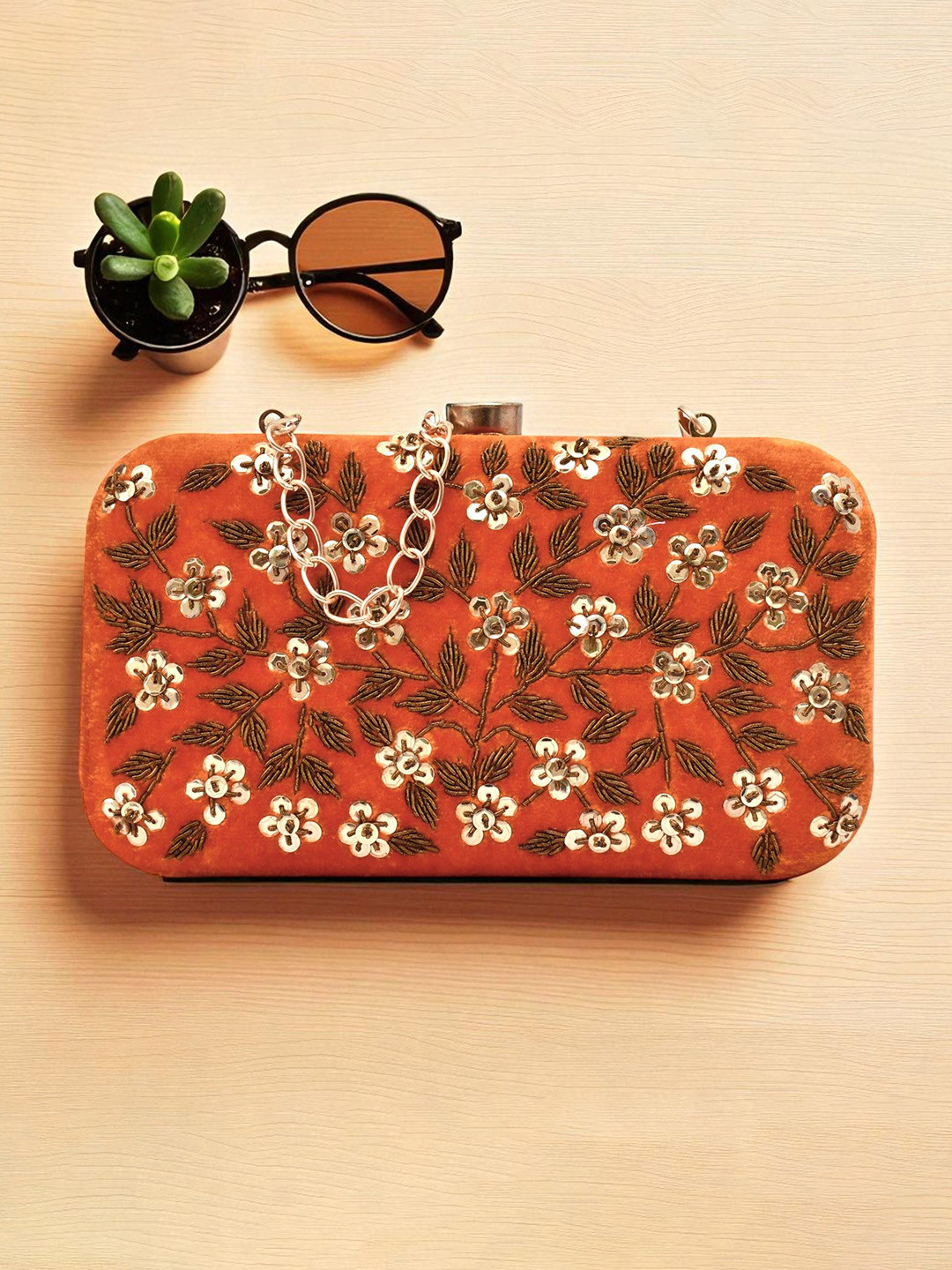 FOR THE BEAUTIFUL YOU Embellished Shoulder Strap Velvet Box Clutch