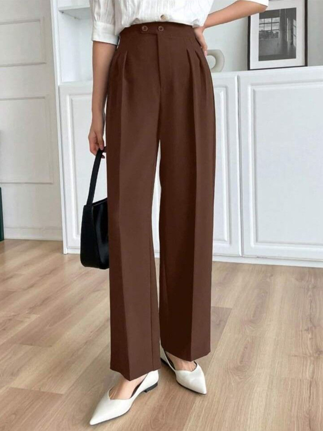 Next One Women Smart Loose Fit High-Rise Easy Wash Pleated Trousers