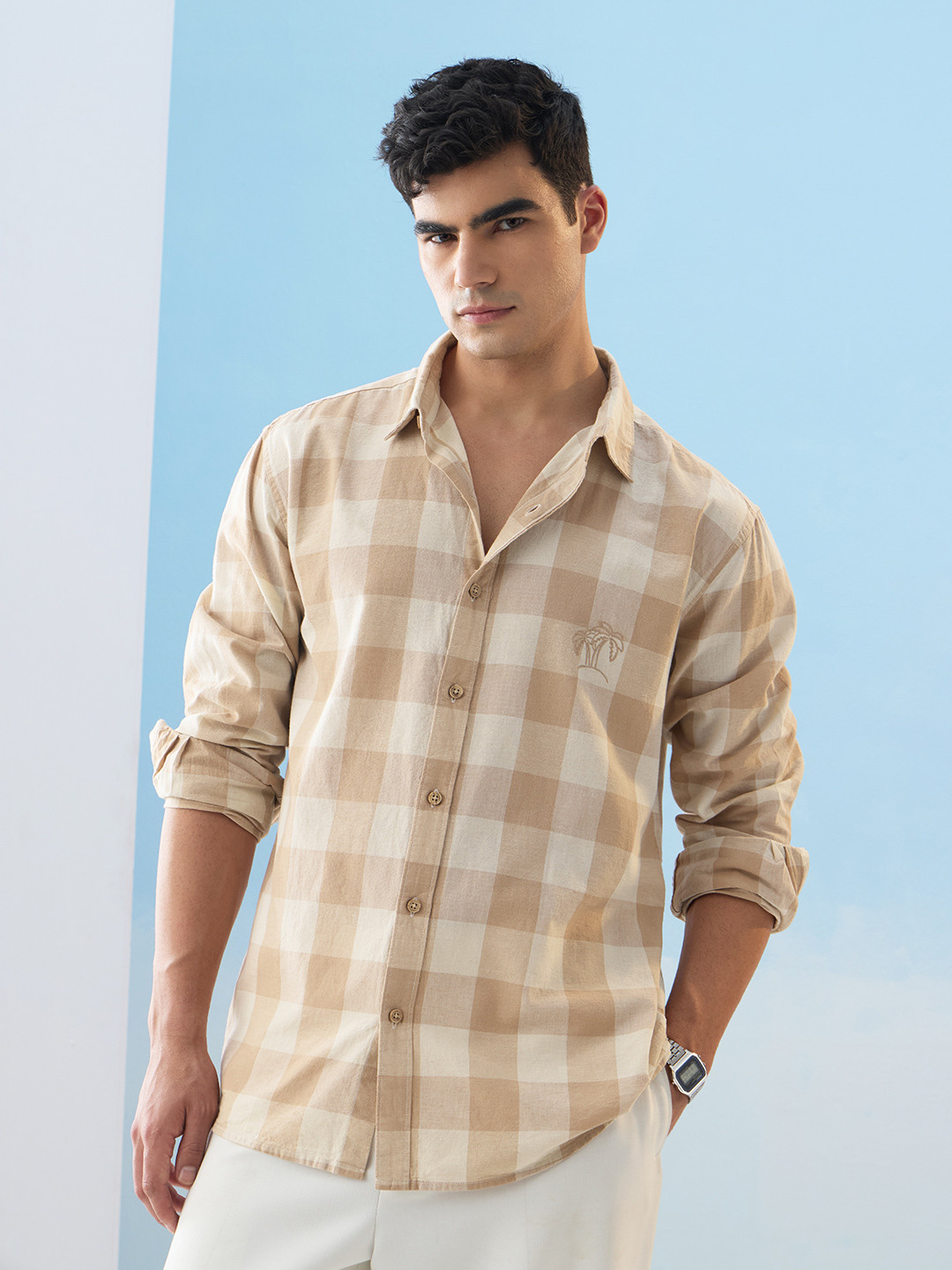 The Souled Store Tropic Clay Gingham Checked Cotton Linen  Casual Shirt