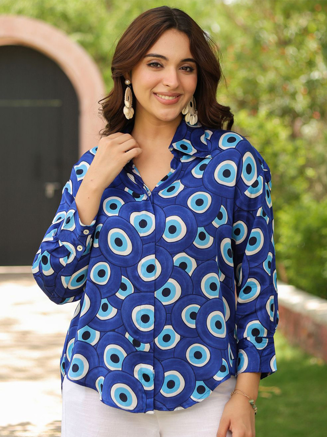 Rain & Rainbow Women Standard Fit Geometric Printed Spread Collar Satin Casual Shirt