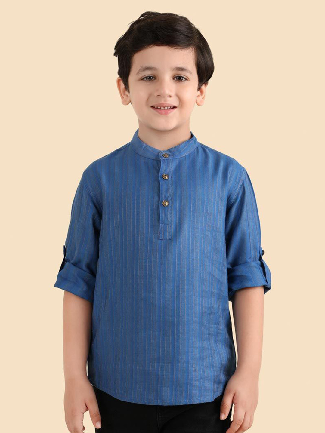 Fabindia Boys Striped Band Collar Kantha Work Roll-Up Sleeves Straight Short Kurta