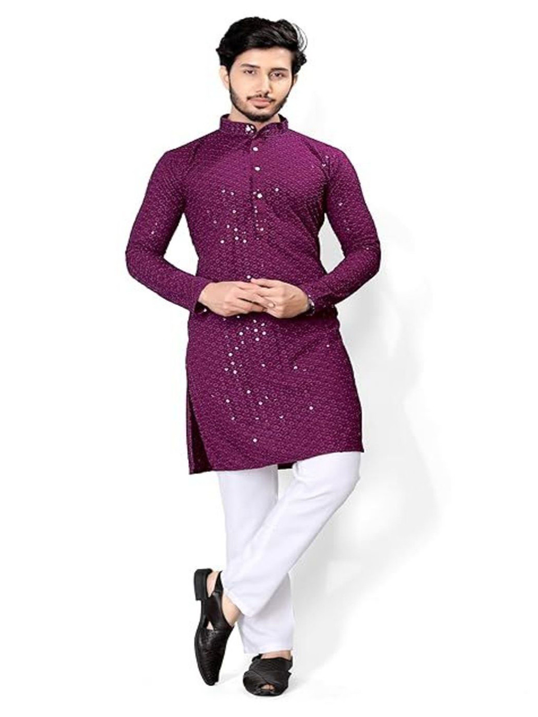 NR Enterprises  Geometric Embroidered Mandarin Collar Mirror Work Kurta