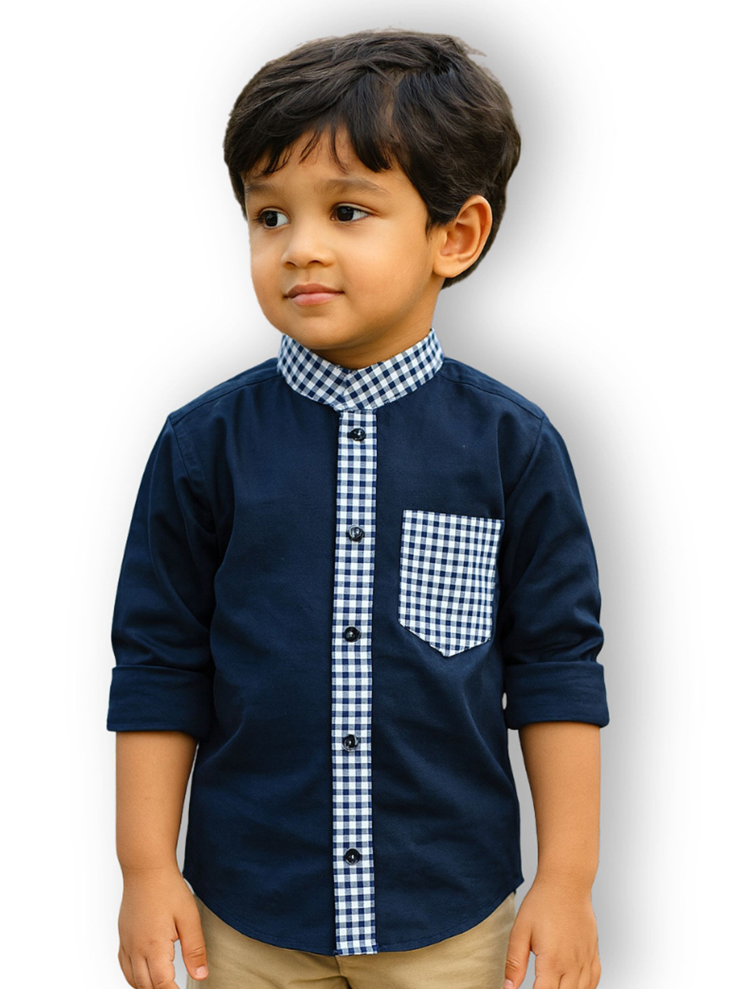 Babies of Wonder Boys Comfort Fit Gingham Checked Band Collar Cotton Casual Shirt
