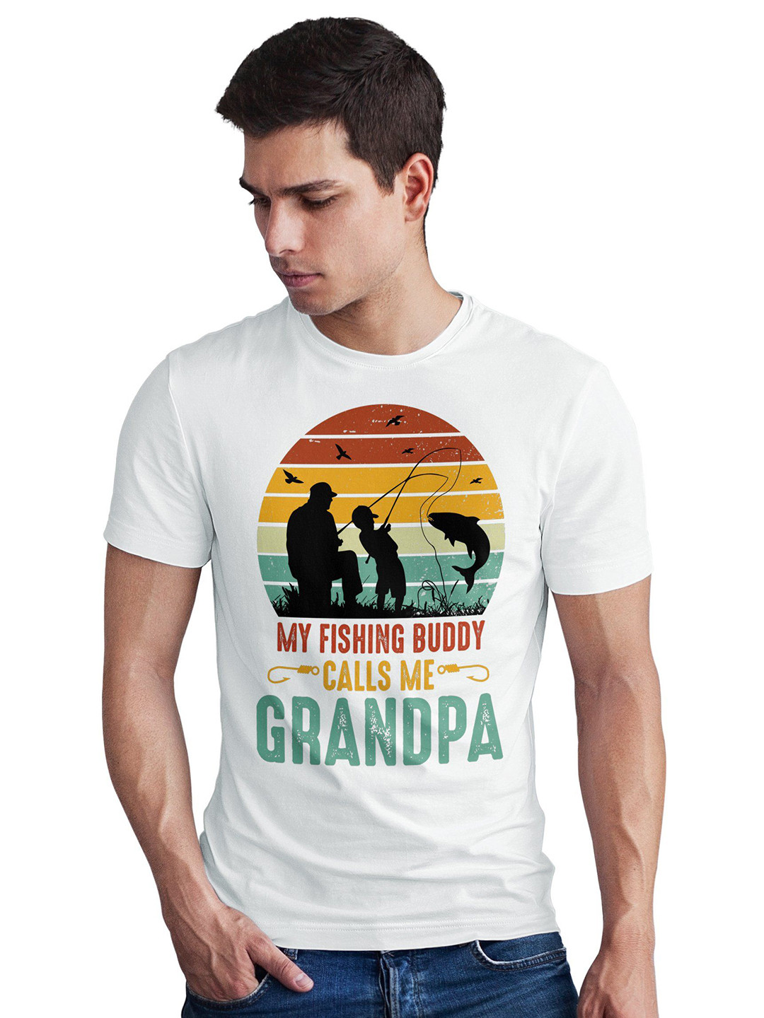 Seekbuylove Men Bio Finish Fishing Buddy Calls Me Grandpa Round Neck Pure Cotton T-shirt