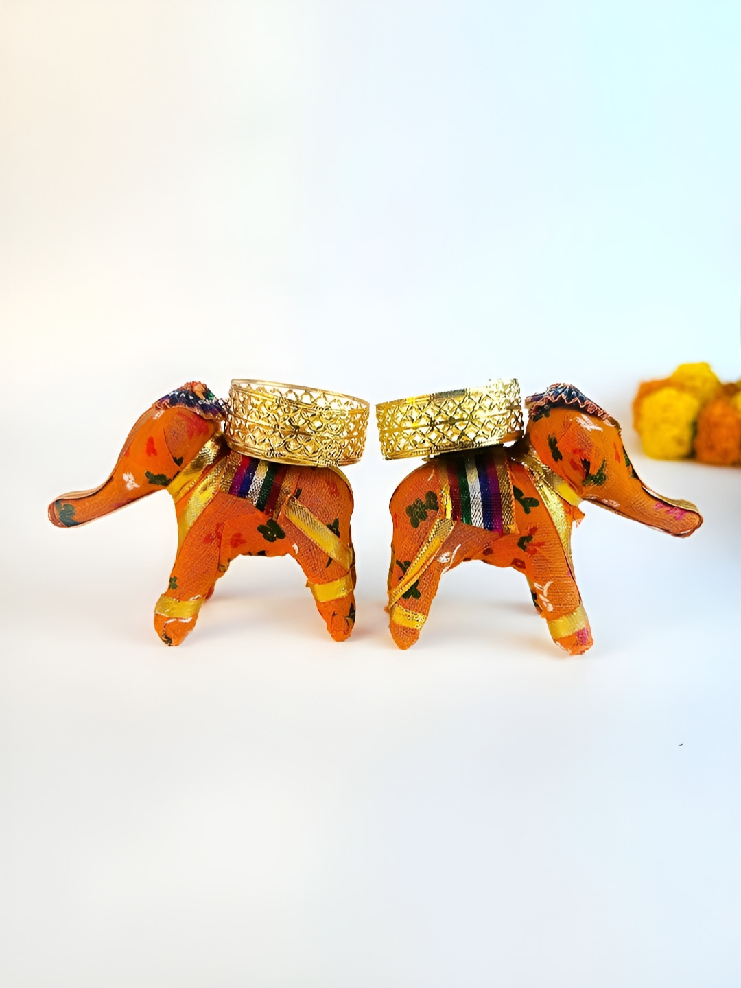 Giftii Orange & Gold 2 Pieces Elephant Tea Light Candle Holders