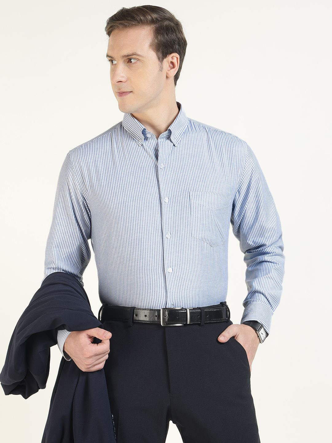 English Men Striped Oxford Weave Wrinkle Resistant Slim Fit Formal Shirt