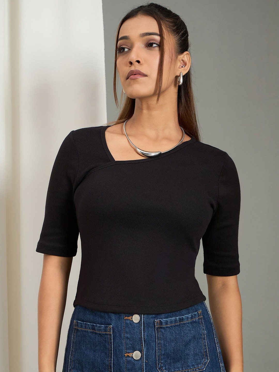 WineRed Women Ribbed Asymmetrical Neck Regular Top