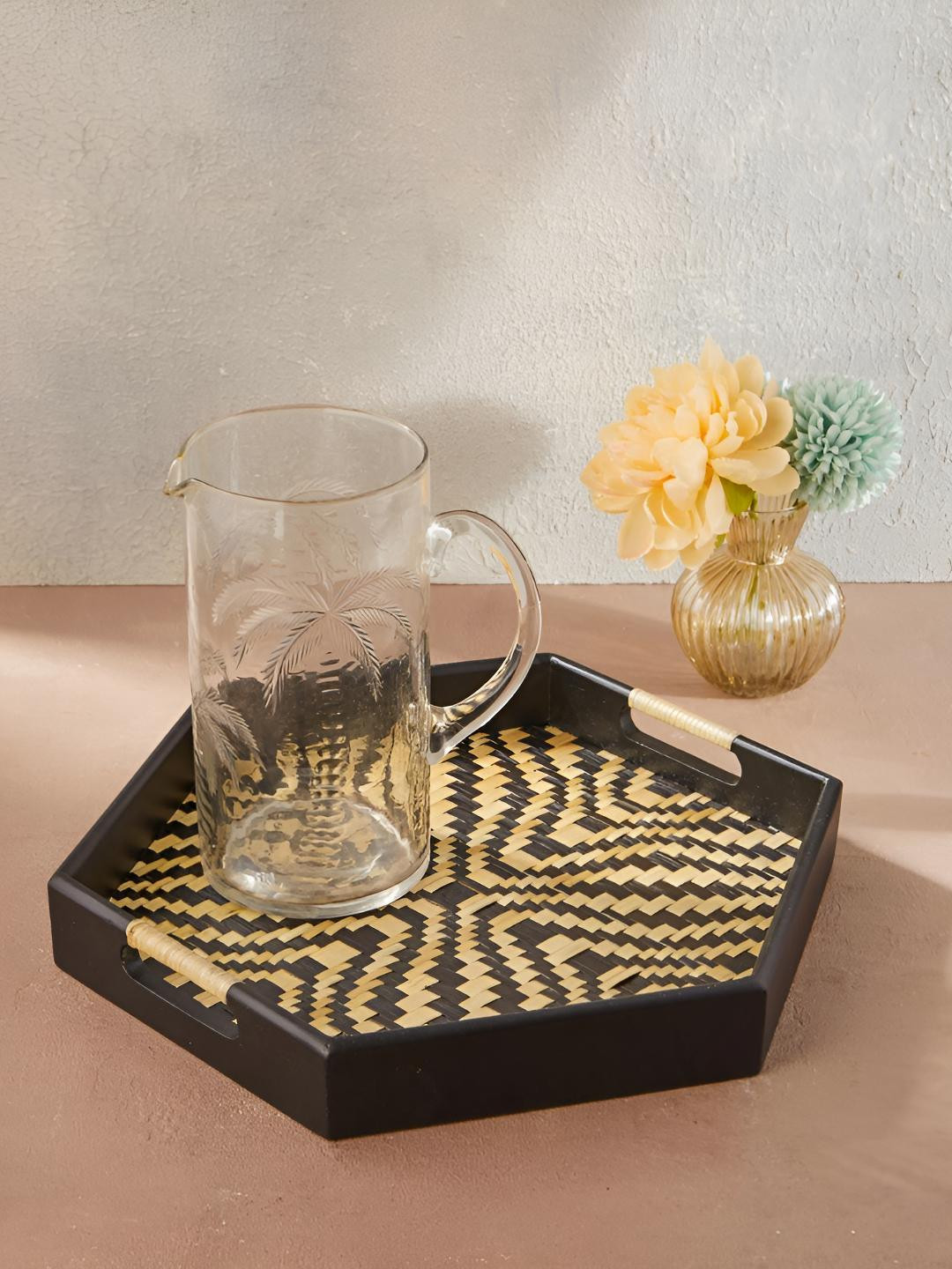 Fabindia Hayong Black & Beige Textured Bamboo Serving Tray