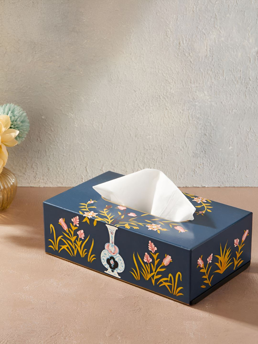 Fabindia Pashav Blue & Gold-Toned Printed Metal Tissue Holder