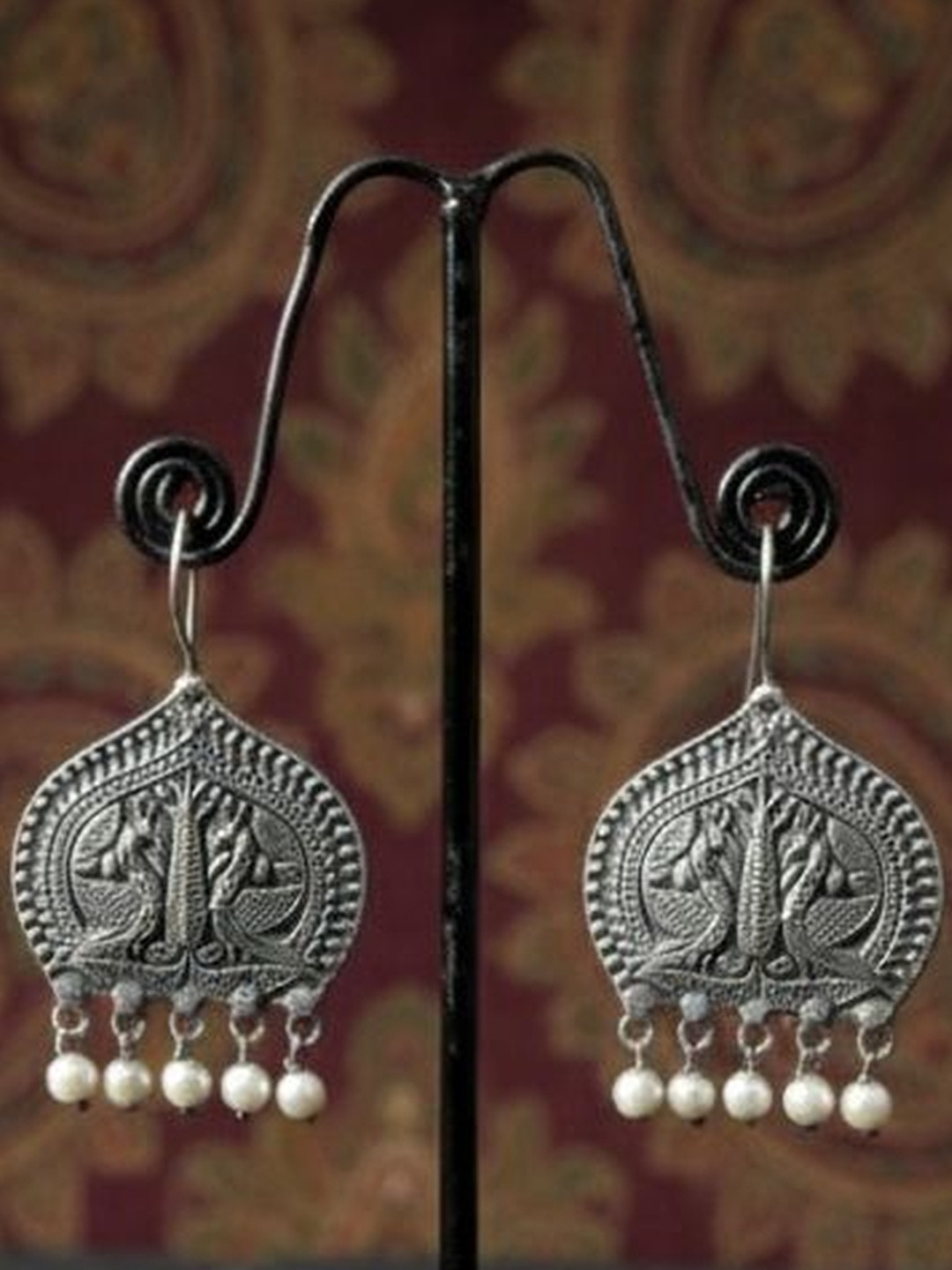Arti Creations Silver-Plated Artificial Beaded Oxidised Geometric Drop Earrings