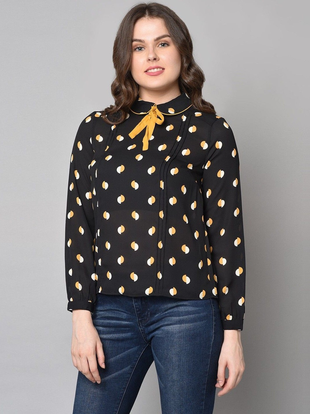 AMADORE Polka Dot Print Peter Pan Collar Top
