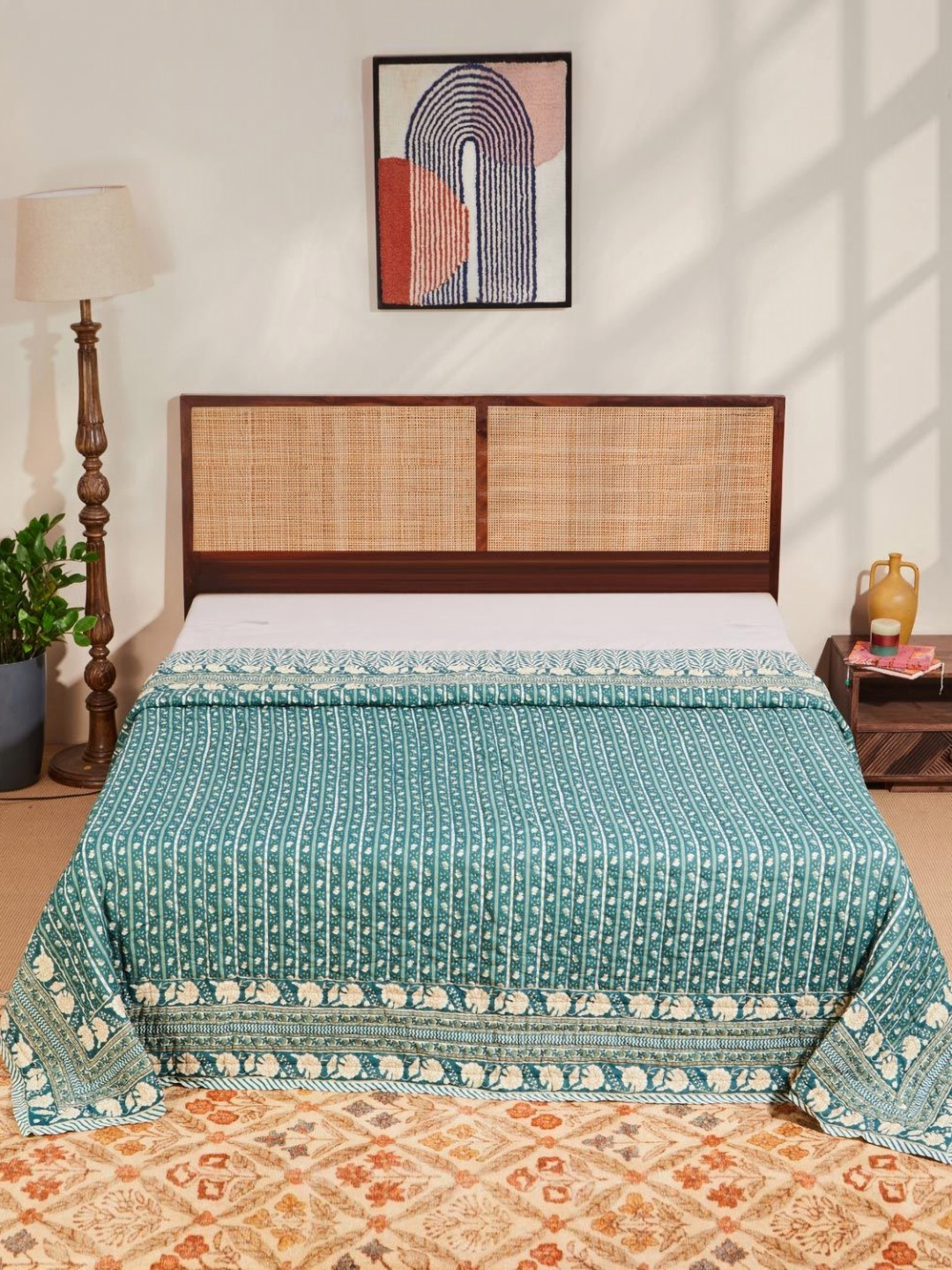 Fabindia Ambara Teal & White Floral Mild Winter 553 GSM Cotton Quilt