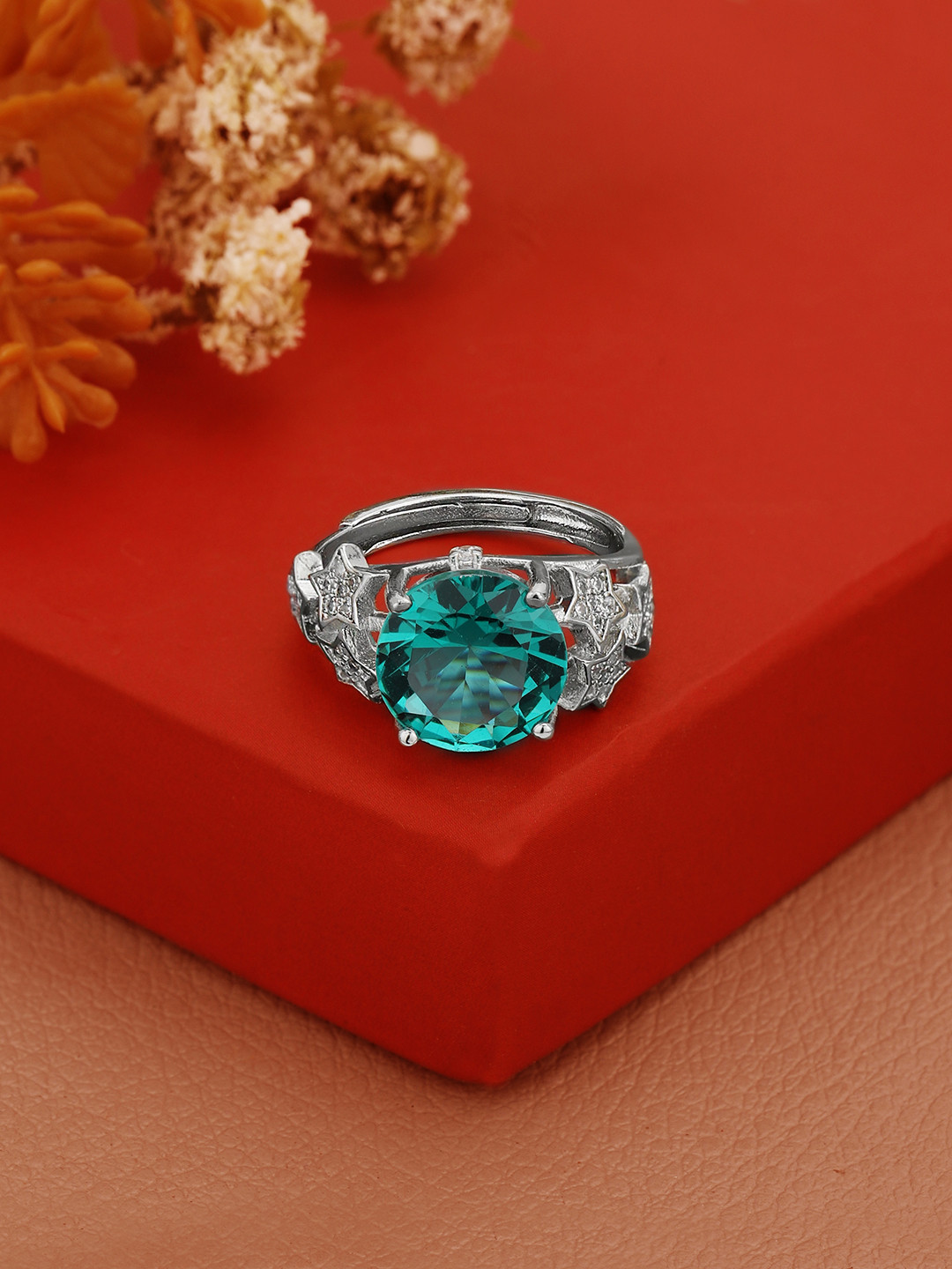 Carlton London Silver Plated CZ Green Solitaire Adjustable Ring