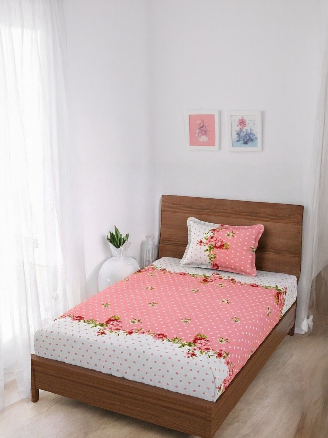 WELLNEST Pink 110 TC Cotton Single Bedsheets