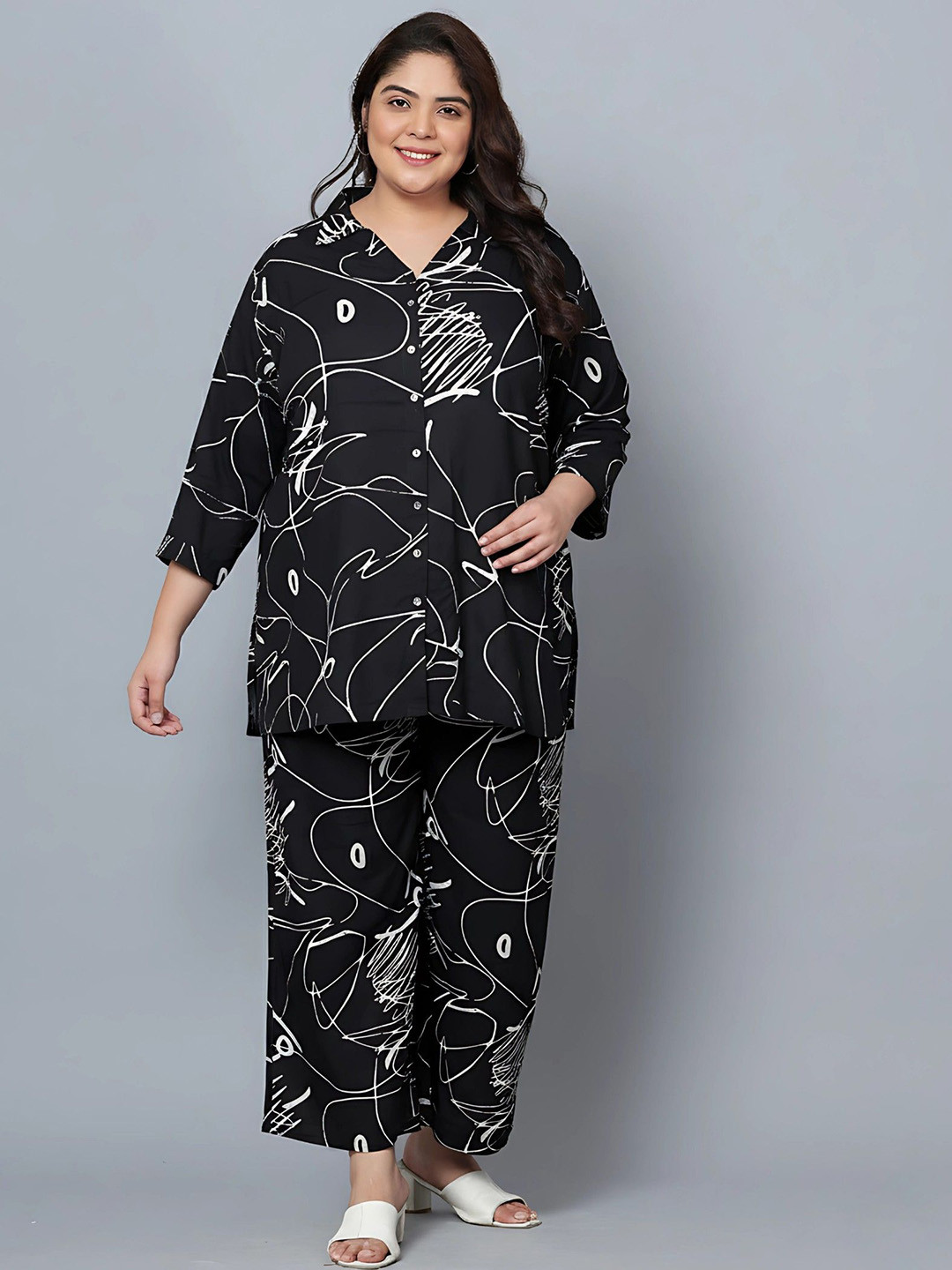 Indietoga Plus Size Scribble Printed Shirt Collar Shirt With Trouser