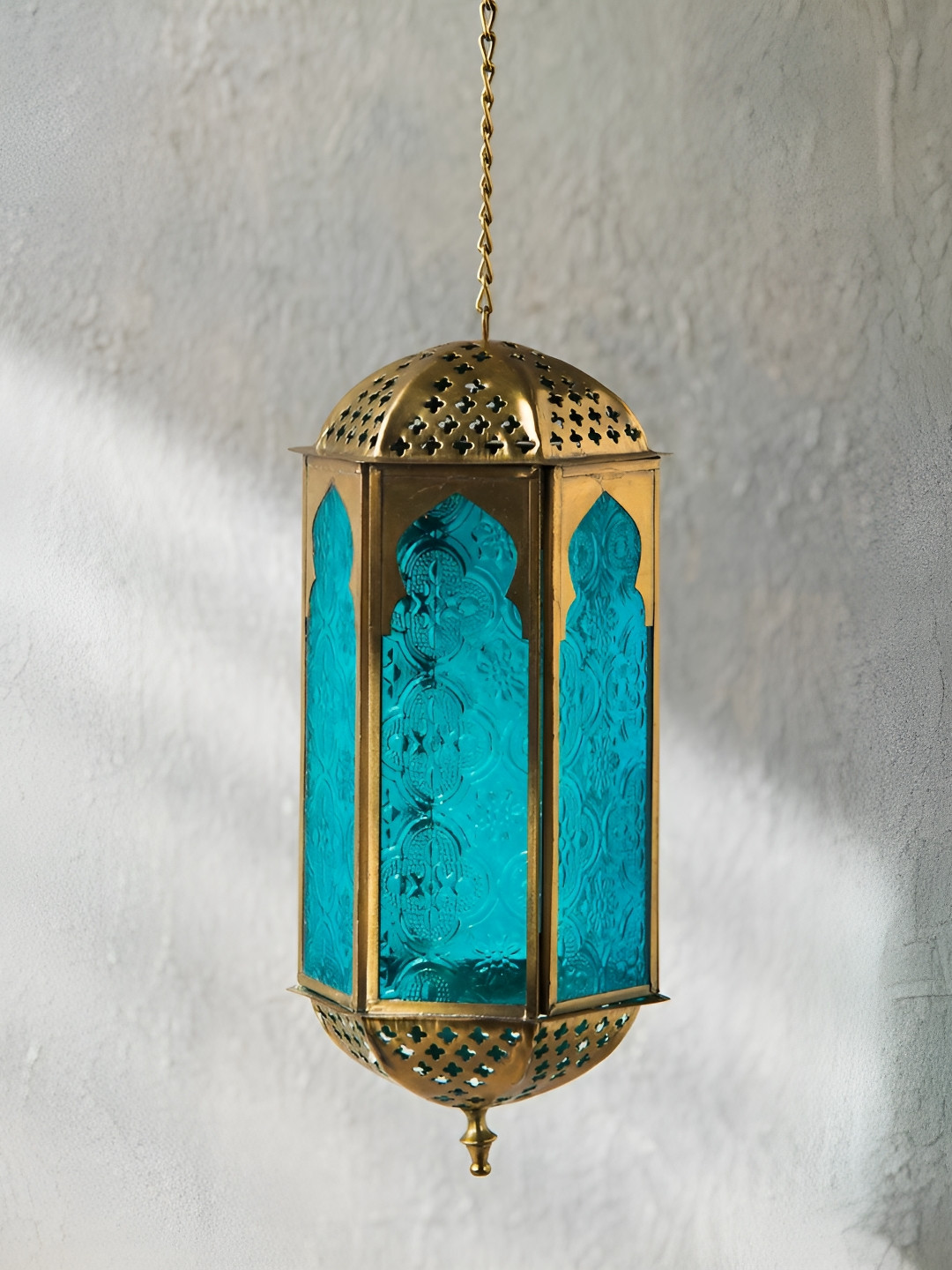 Fabindia Devesh Teal & Gold-Toned Glass Hanging Lantern Candle Holder