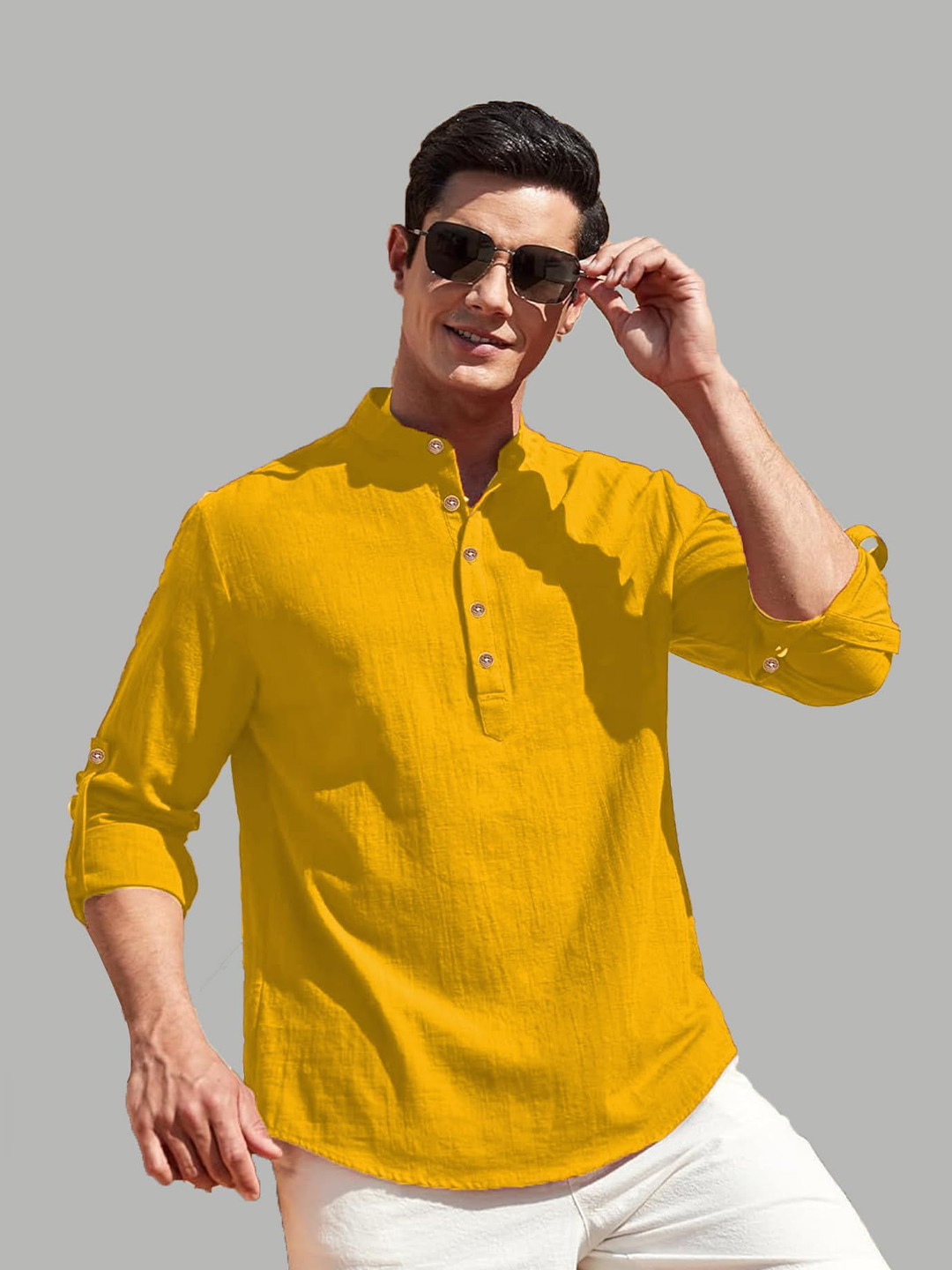 TrendiVastra Band Collar Roll-Up Sleeves Cotton Straight Short Kurta
