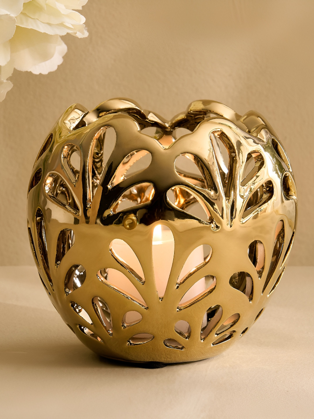 Home Centre Stellar Celestial Melo Gold-Toned Textured Ceramic Candle Holder