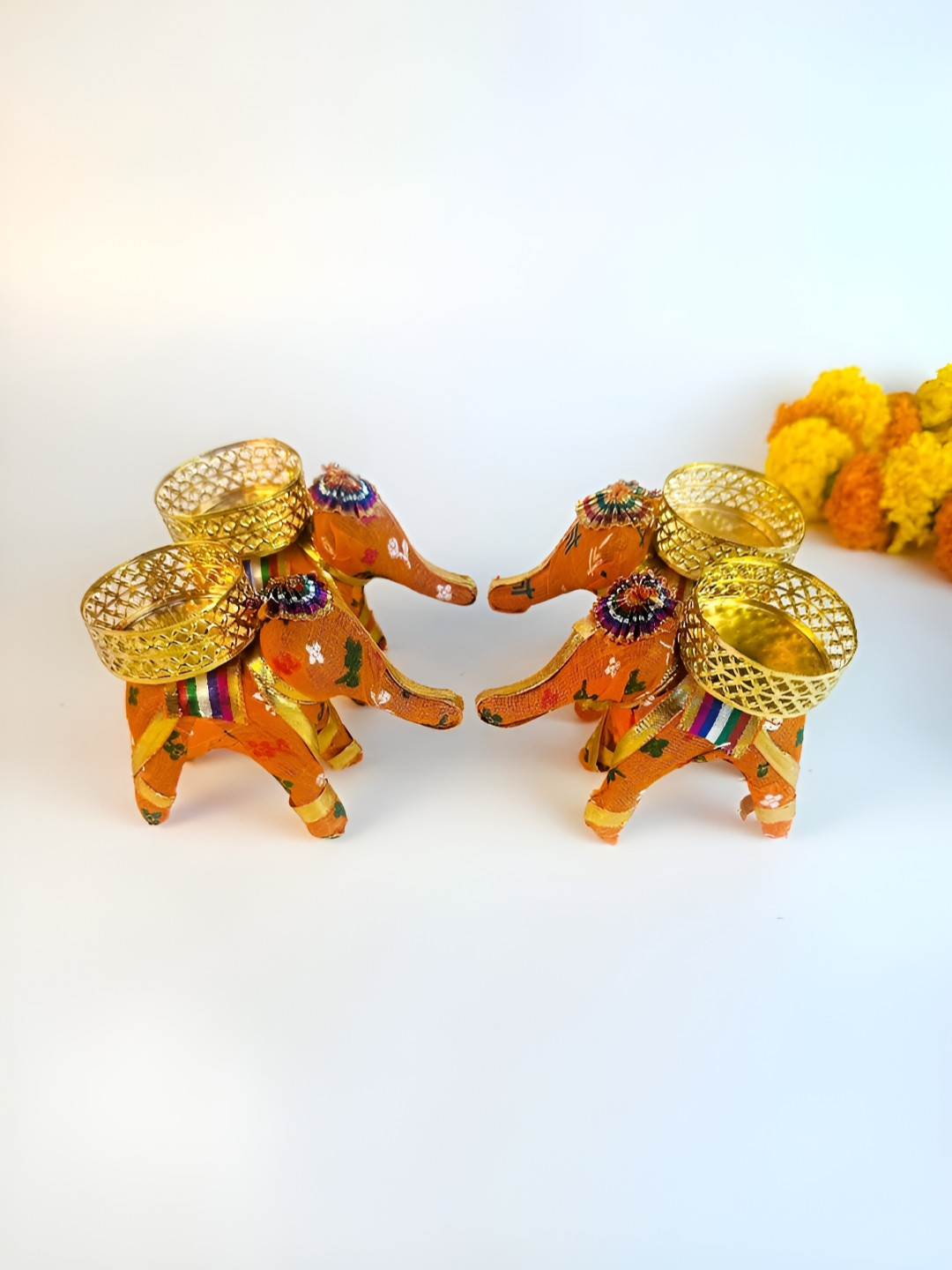 Giftii Orange & Gold 4 Pieces Elephant Tea Light Candle Holders