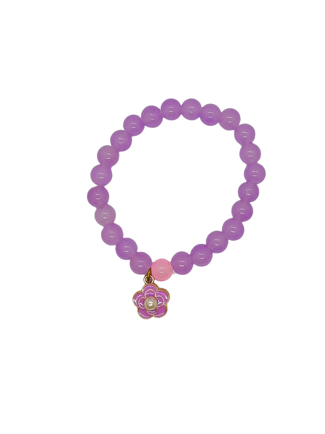 Inara Robes Women Purple Elasticated Artificial Beads Flower Charm Alloy Bracelet