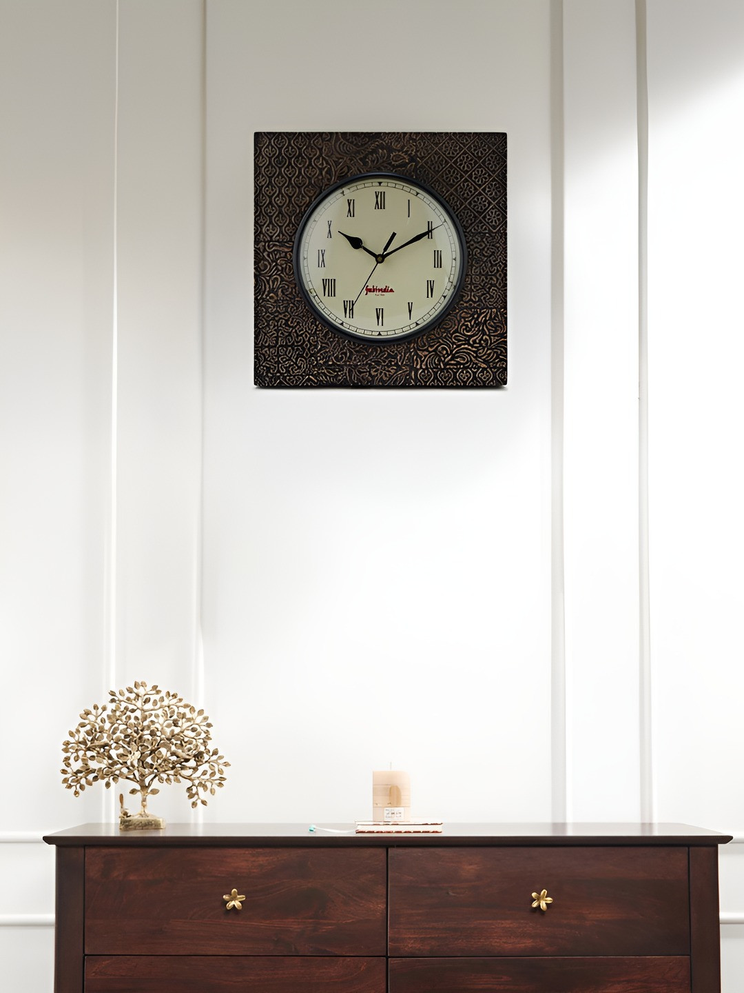 Fabindia Node Brown & White Textured Wooden Square Shaped Wall Clock