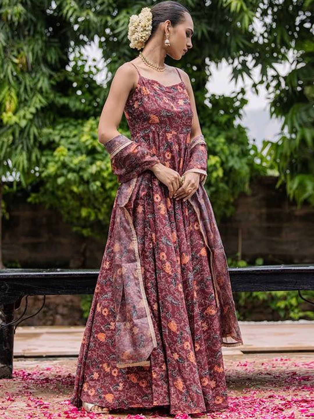 Ambraee Women Ethnic Motifs Printed Fit and Flare Maxi Ethnic Dress Comes with a Dupatta