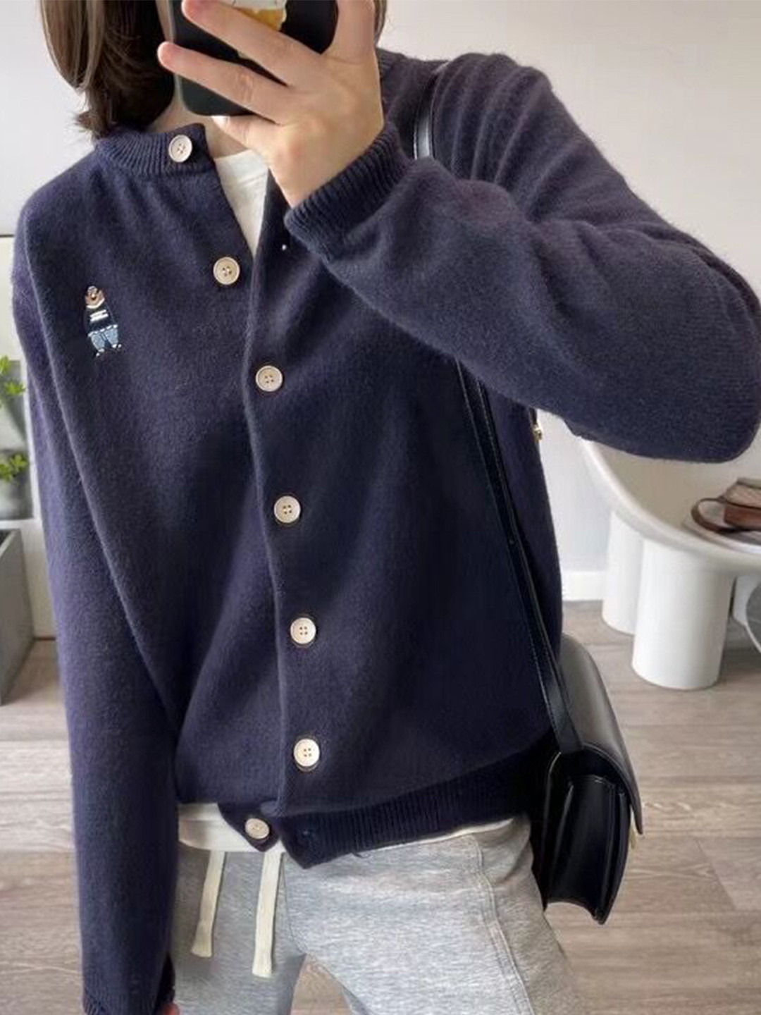 StyleCast Women Embroidered Bear Crew Neck Cardigan
