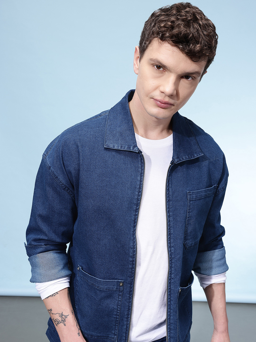 glitchez Spread Collar Denim Jacket With Zip Closure