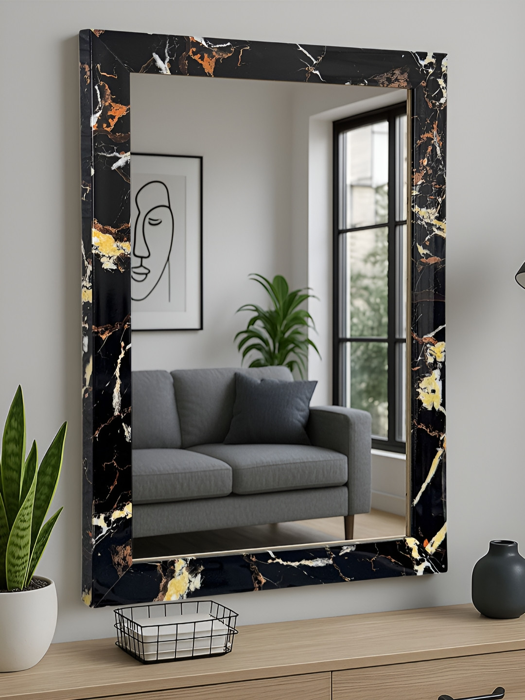 Art Street Black Marble Wall Mount Decorative Wall Mirror With Frame