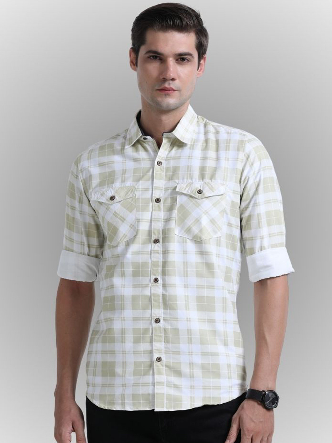 Rocket Science Checked Spread Collar Roll-Up Sleeves Comfort Slim Fit Casual Shirt