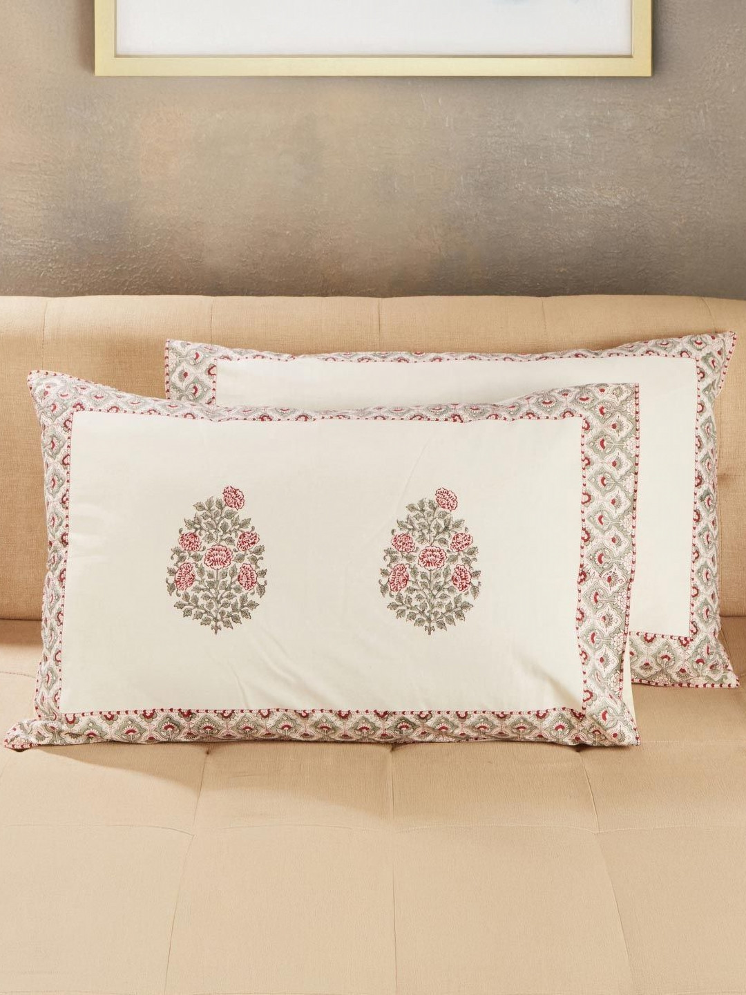 Fabindia Nazneen Off White & Red 2 Pieces Self Design Pure Cotton Rectangle Pillow Covers