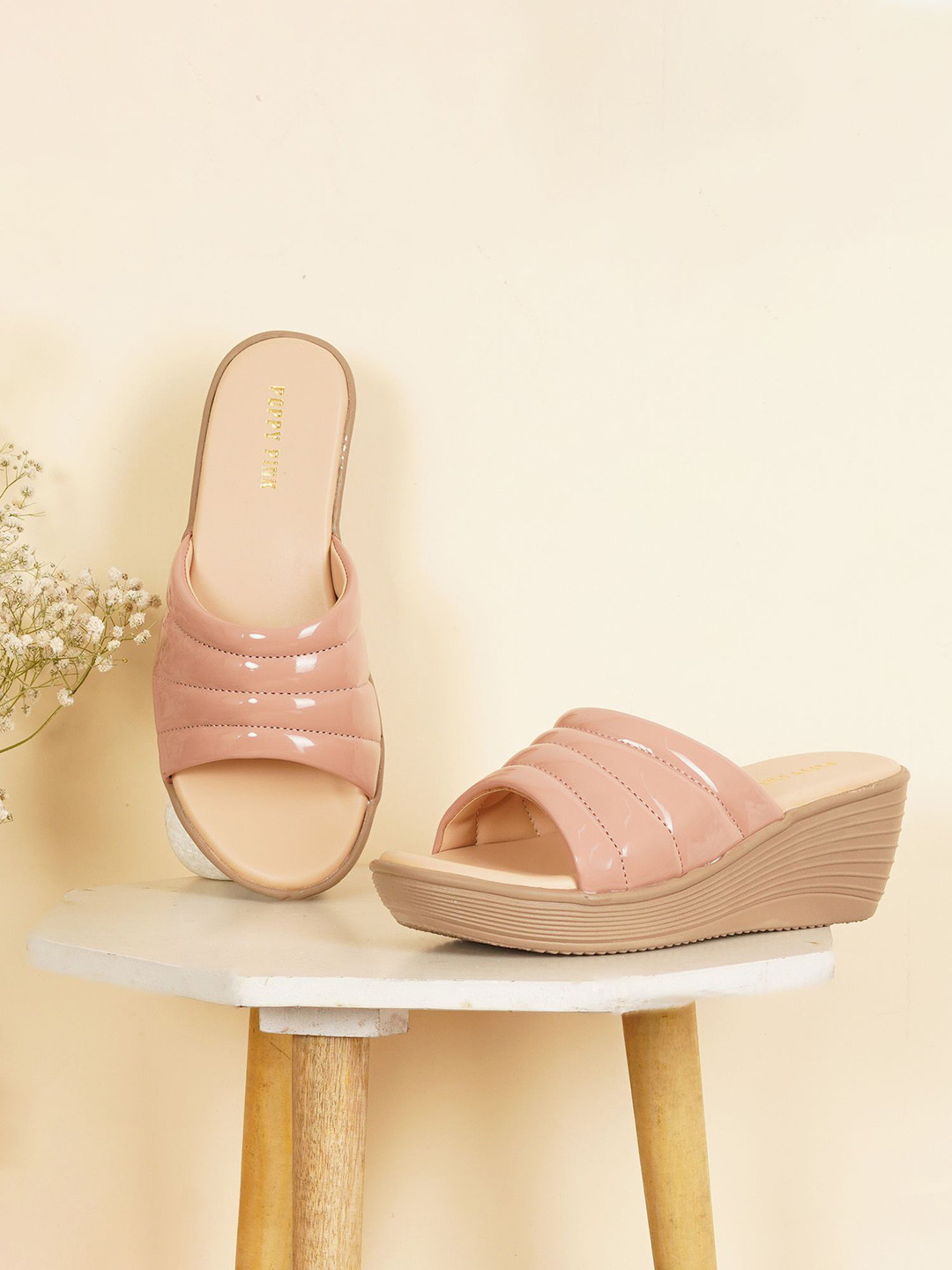 POPPYPINK Striped Open Toe Open Back Wedge Sandals Heels