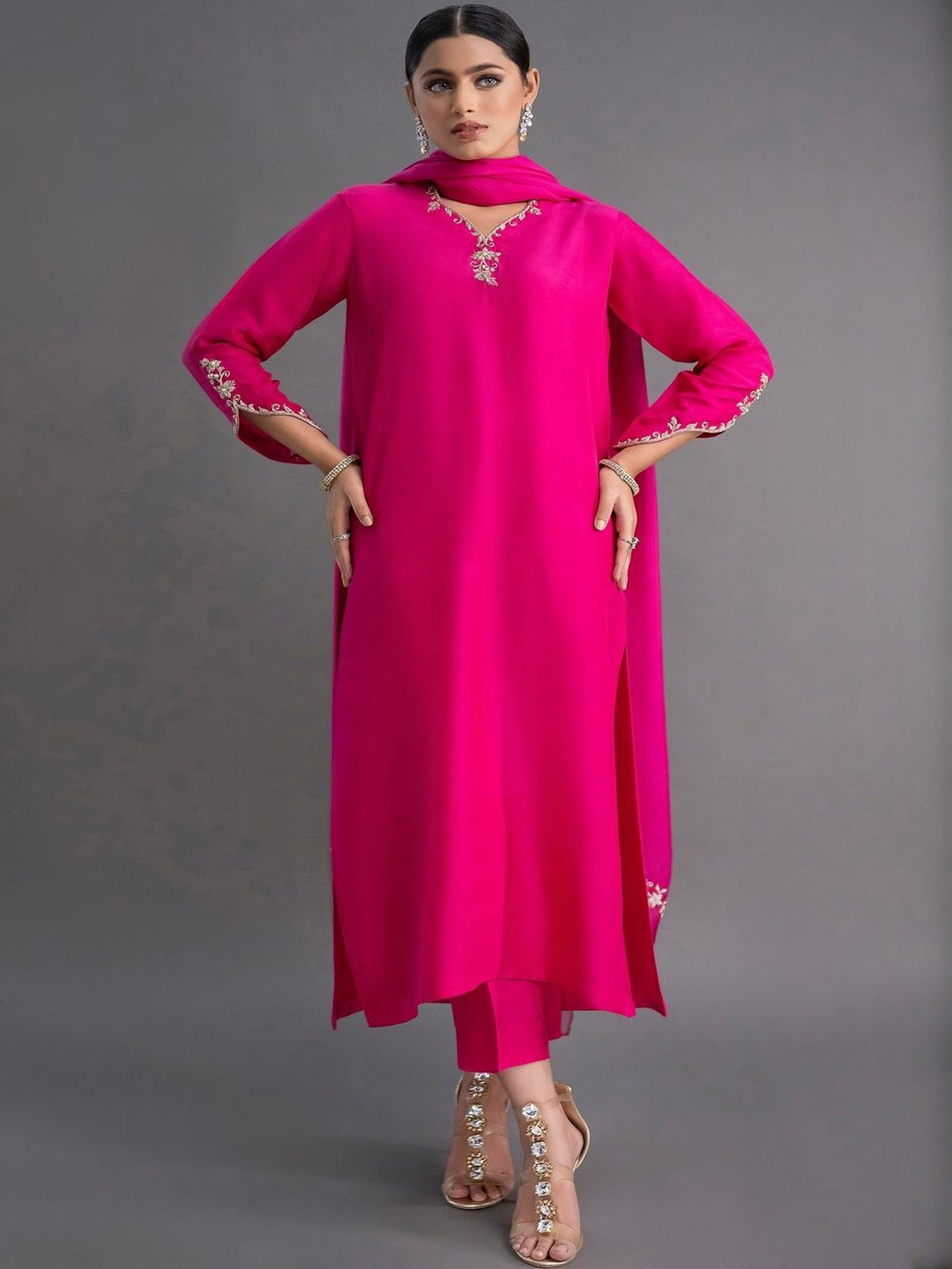 JMDF Floral Yoke Design Thread Work Chanderi Silk Straight Kurta With Trousers & Dupatta