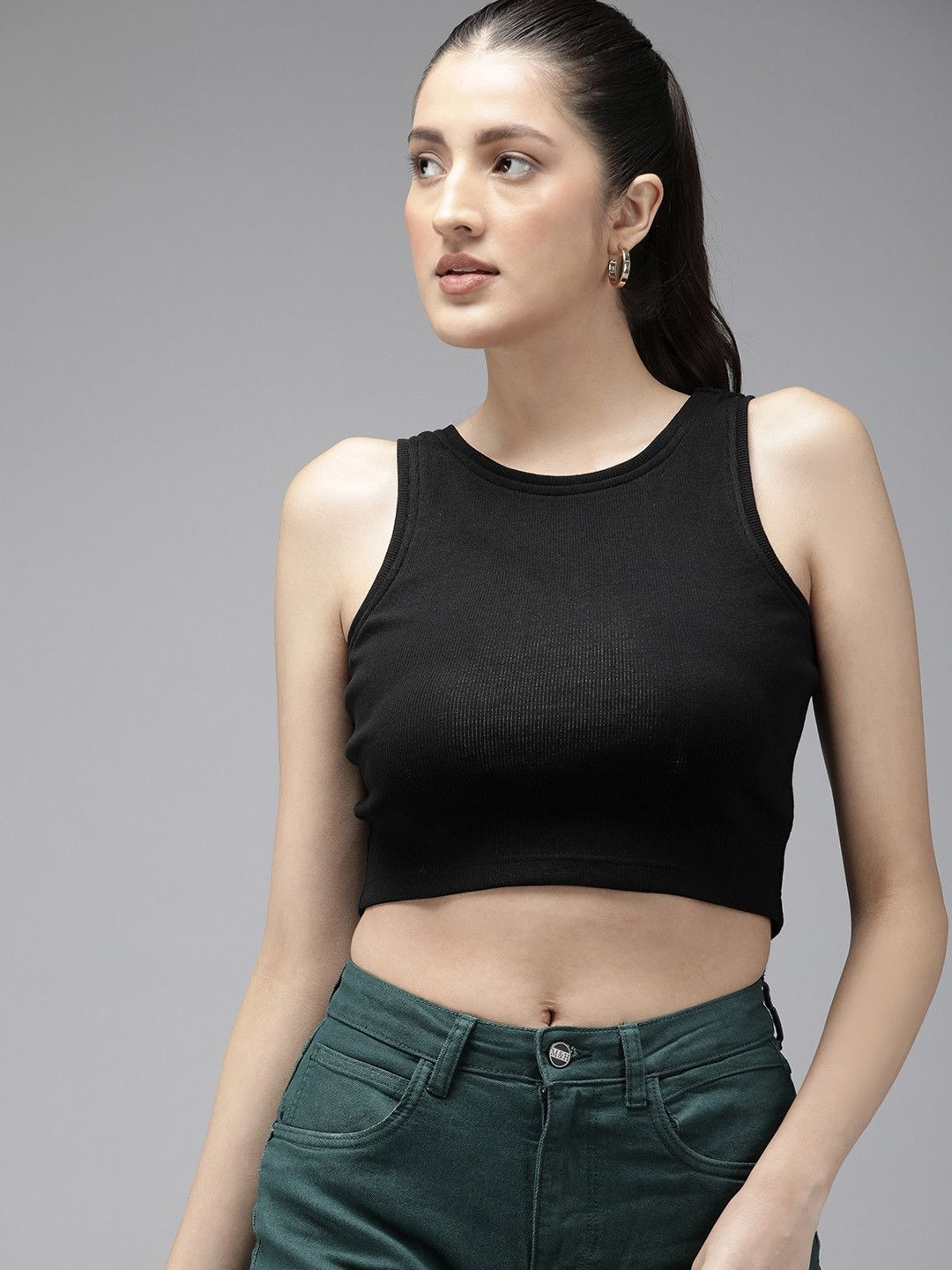 GLOWBERRY Black Ribbed Round Neck Sleeveless Crop Top