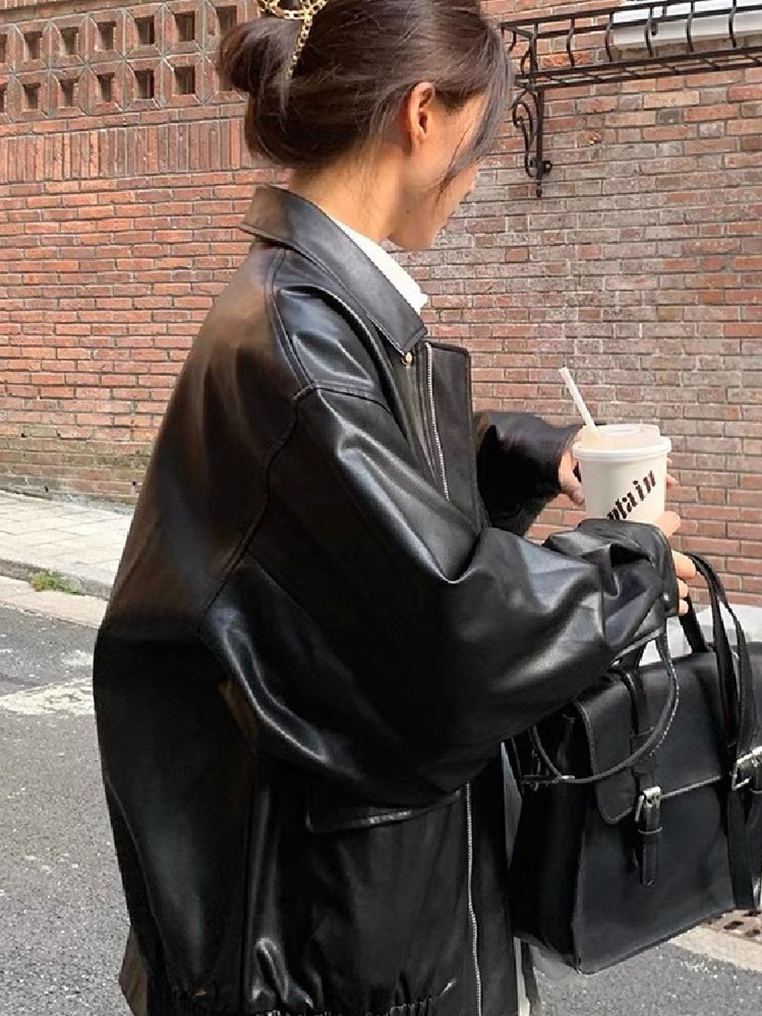 HERE&NOW Women Black Lapel Collar Leather Jacket