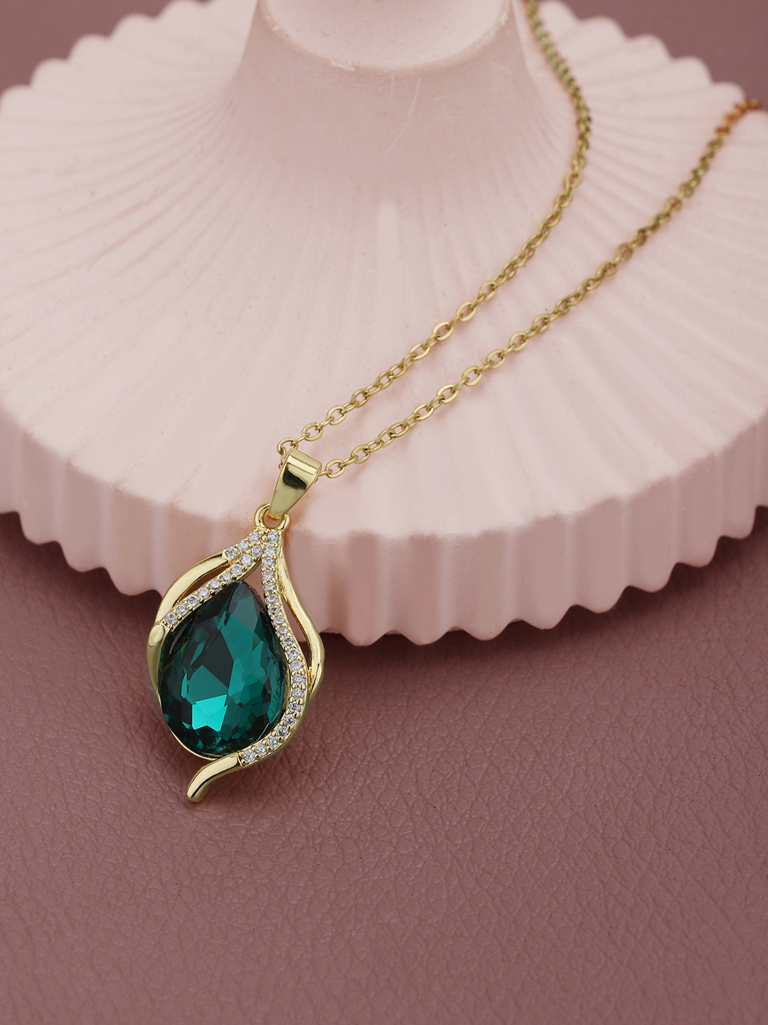 Carlton London Gold Plated CZ Emerald Crystal Teardrop Pendant and Chain