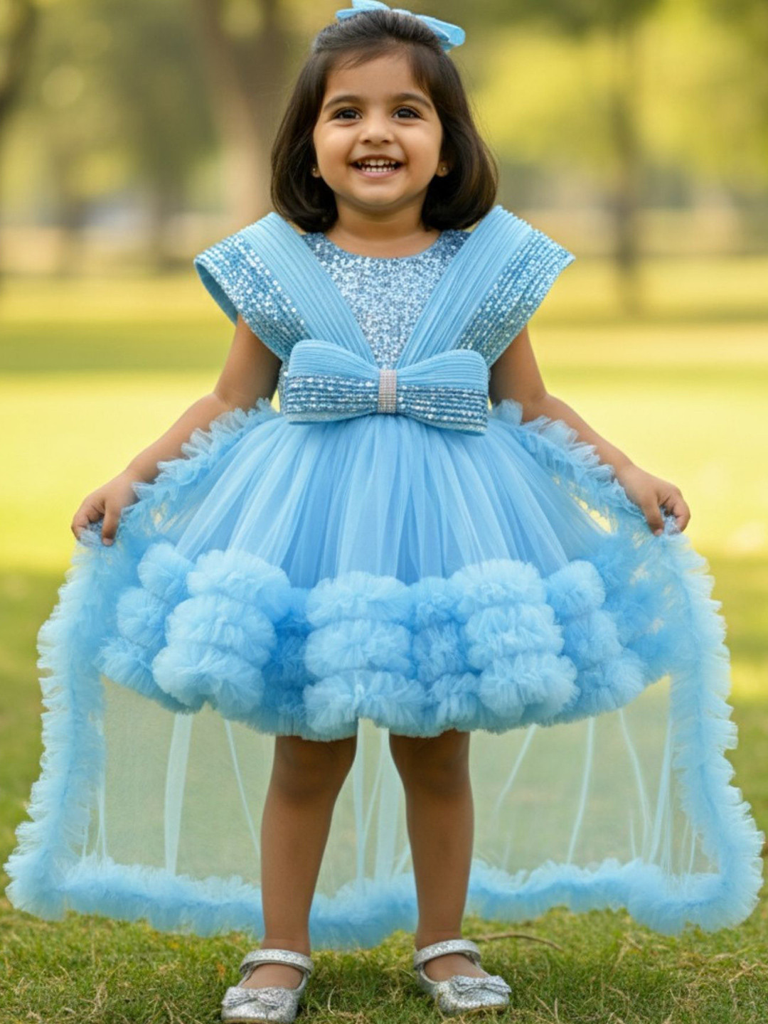 Lagorii Girls Blue Party Dress With Layered Ruffles And Statement Bow and Tailback
