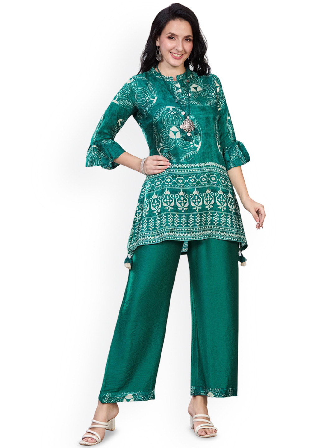 Nioni Printed Mandarin Collar Three-Quarter Sleeves Tunic With Trouser