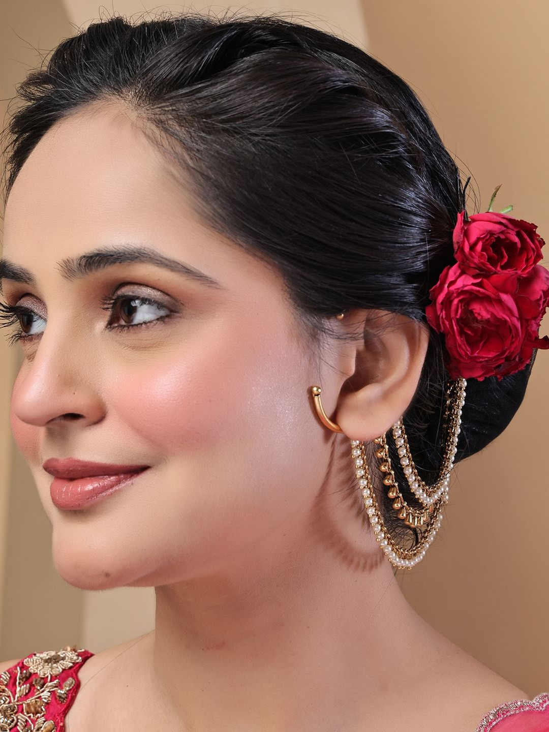 jooltara Gold-Plated Pearls-Beaded Contemporary Ear Cuffs With Hair Chains