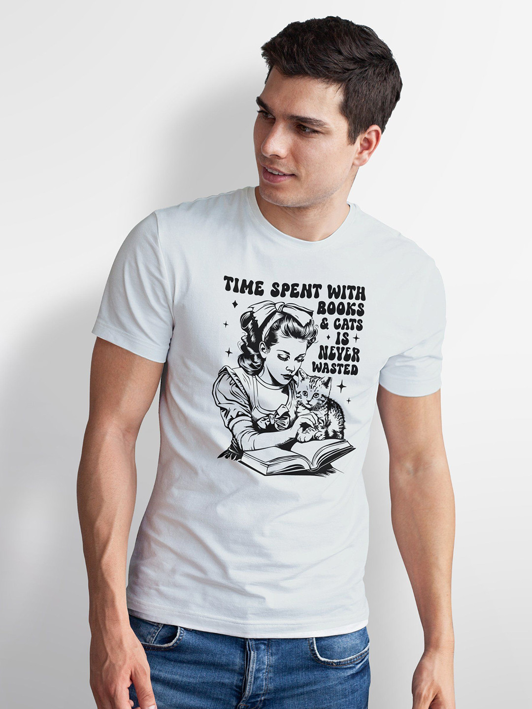 Seekbuylove Men Bio Finish Books And Cats Round Neck Pure Cotton T-shirt