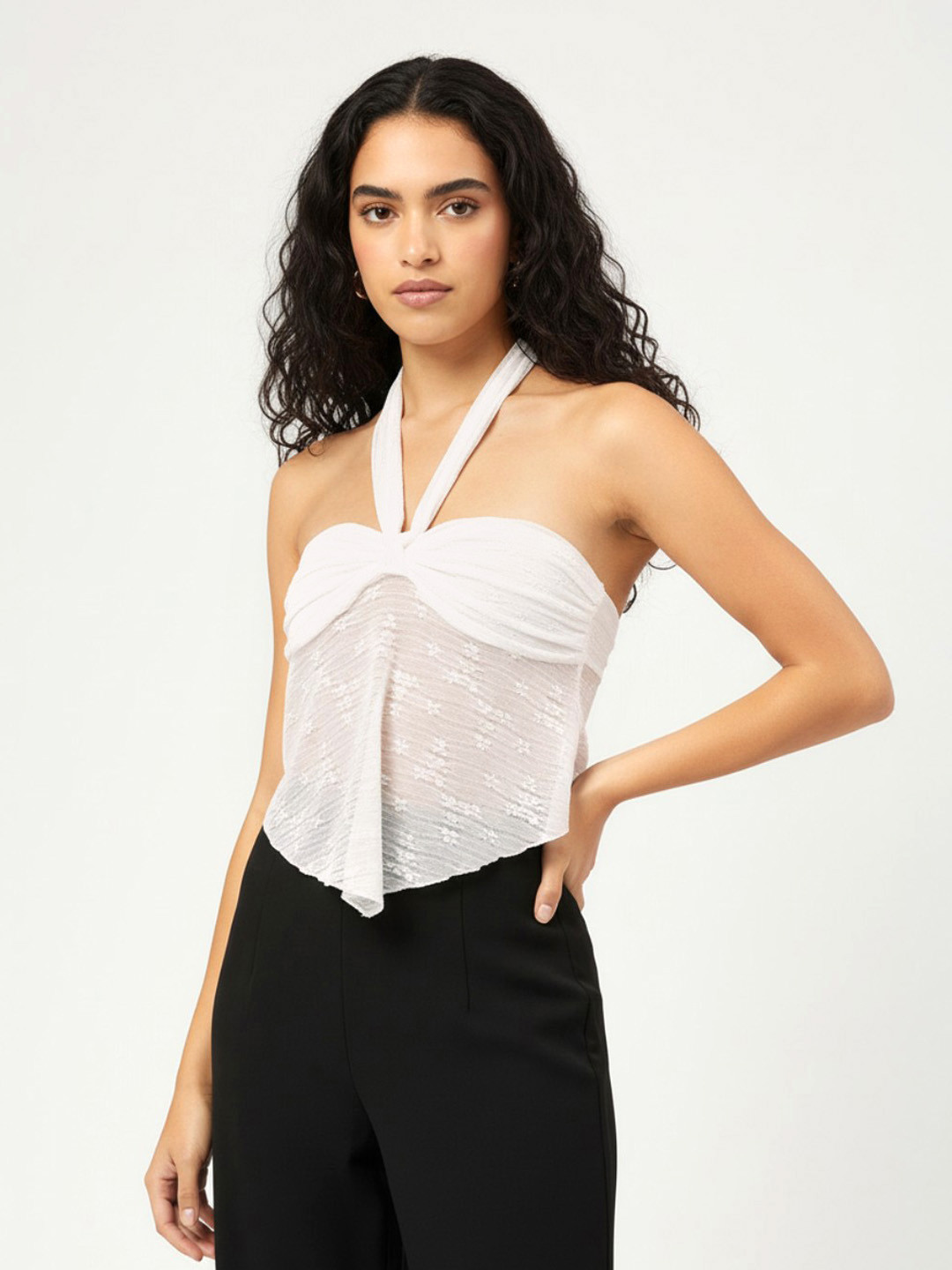 DressBerry Dew-Kissed Halter Lacey Glam Crop Top