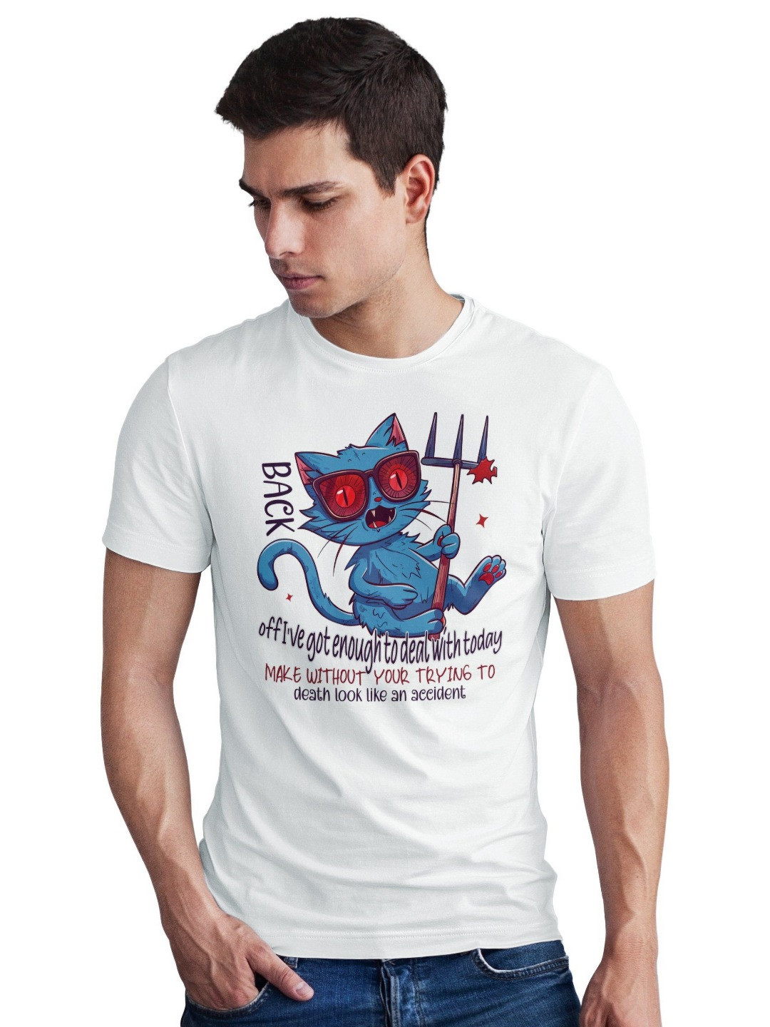 Seekbuylove Men Bio Finish Devil Cat Round Neck Pure Cotton T-shirt