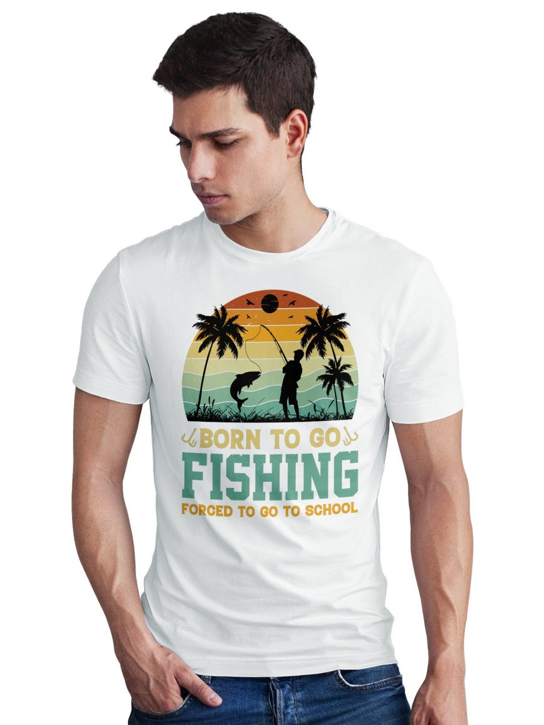 Seekbuylove Men Bio Finish Born To Fish Round Neck Pure Cotton T-shirt